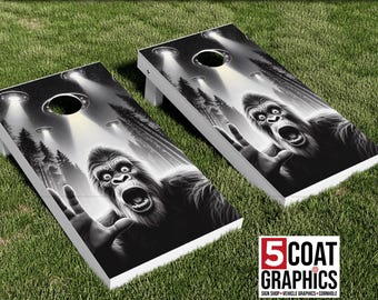 Bigfoot UFO 2 Cornhole Board Wraps Sasquatch Selfie Decals Big Foot UFO Skins Yet Alien Abduction