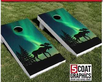 Moose Northern Lights 2 Cornhole Wraps Alaska Silhouette Game Vinyl Decals Board Skins