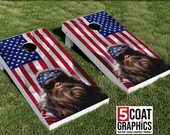 Bigfoot American Flag 2 Cornhole Board Wraps Sasquatch Vinyl Decal Outdoor Yeti Yard Game Camping Custom Big Foot Skins Game