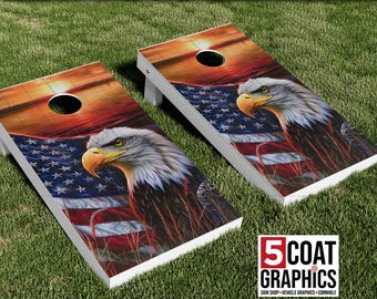 Eagle Flag Lake Sunset 2 Cornhole Board Vinyl Wraps USA Flag Skins Outdoor Camping Game Board Prints or Decals