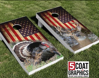 Deer or Turkey US Flag Distressed 2 Board Wraps Combo, 10 Point Buck Hunting Cornhole Prints