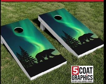 Bear Northern Lights 2 Cornhole Wraps Personalized with Family Name Alaska Silhouette Game Vinyl Decals Board Skins