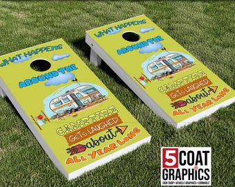 What Happens Camping 2 Cornhole Board Wraps Camping Game Skins What Happens Around The Camp Fire Yard Game Gift