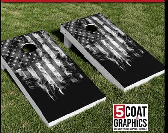 Smokey Black and White American Flag 2 Cornhole Board Wraps US Flag Skins Reverse Union (Stars) Available