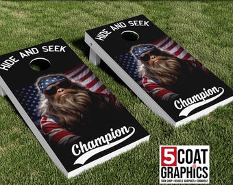 Bigfoot Hide & Seek 2 Cornhole Board Wraps American USA Flag Sasquatch American Yeti, Outdoor Skins Big Foot Duck Dynasty