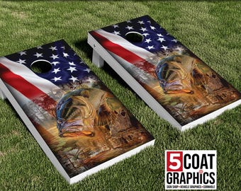 Jumping Large Mouth Bass 2 Board Wraps Vinyl Decal Outdoor Yard Game Camping Game Cornhole Board Skins Fish Cornhole Wraps Fisherman US Flag