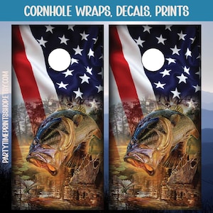 Cornhole | Jumping Bass Board Wraps, Vinyl Decal, Outdoor Yard Game, Camping Game, Custom Cornhole Board Wrap, Fish Cornhole Wraps, US Flag