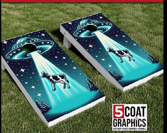 UFO Abduction 2 Cornhole Wraps Floating Cow Alien Game Vinyl Decals Board Skins