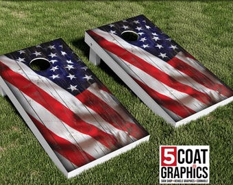 Waving US Flag 2 Cornhole Board Wraps Wood Grain USA Laminated Vinyl Decals Outdoor Game Skins  American Pride Prints Union on Right or Left