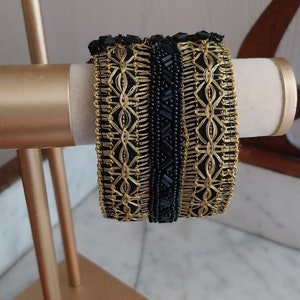 Handmade adjustable cuff, black Art Deco pearl braid and gold thread