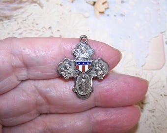 Vintage Sterling Silver Religious 4 Way Medal with USA Enamel Shield (1662NP*)