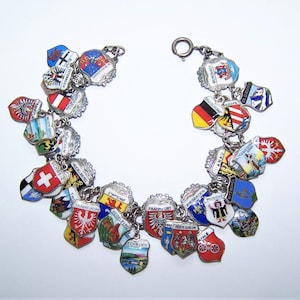 Vintage Mid Century Made in Germany German Sterling Silver Enamel 8.5" Travel Shield Bracelet with 27 German State Enamel Charms