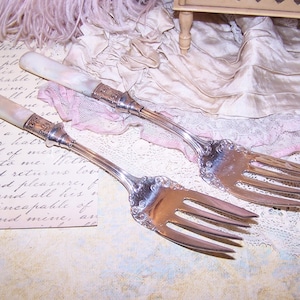 2 Antique Mother of Pearl Silverplate Serving Forks with Sterling Silver Ferrules | 1 Plain - 1 Engraved &quot;S&quot; (6182R*)