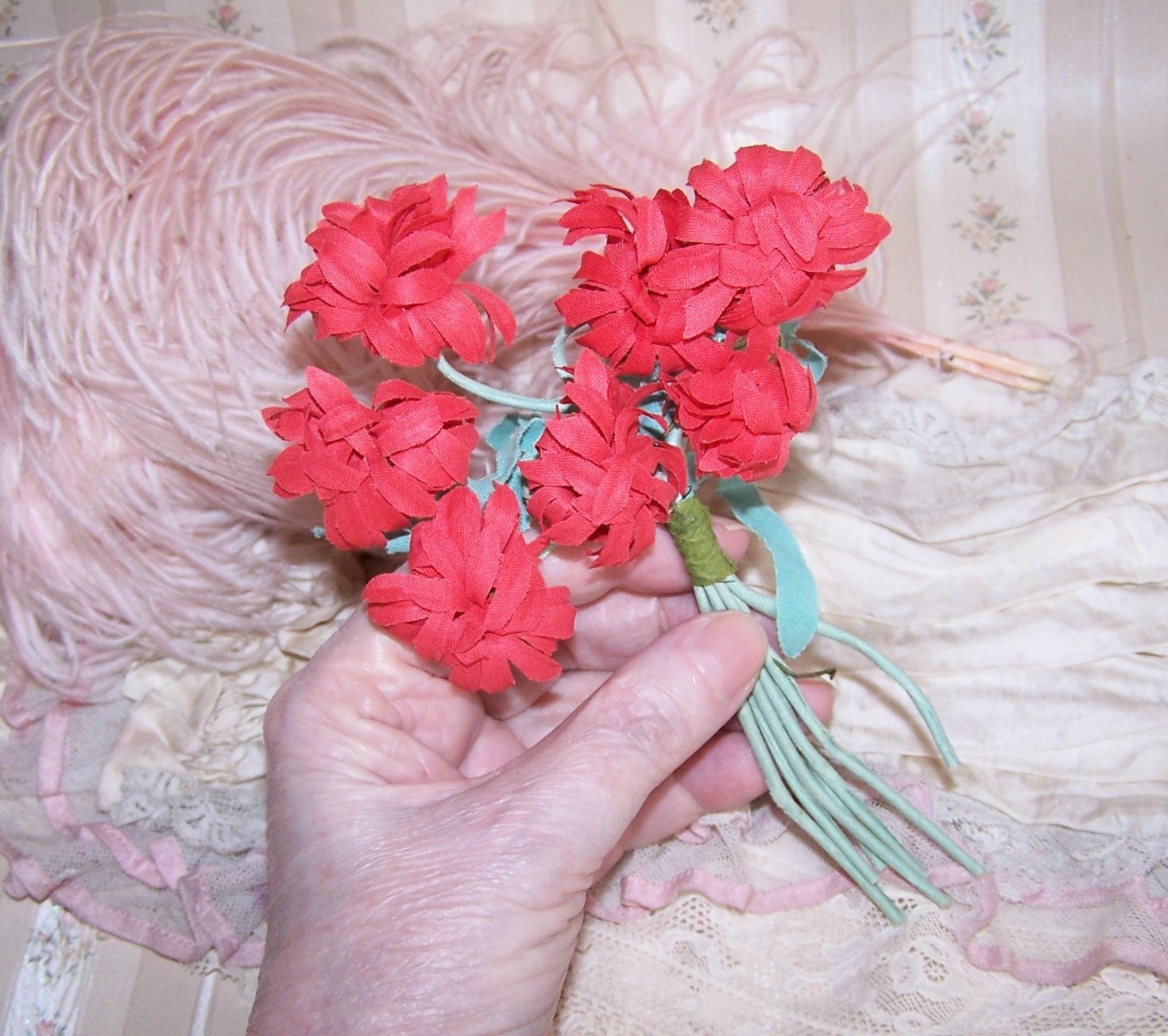 Vintage Spray of Fabric Flowers - Mellow Red Dahlias | Millinery Hat Decoration (6070R*)