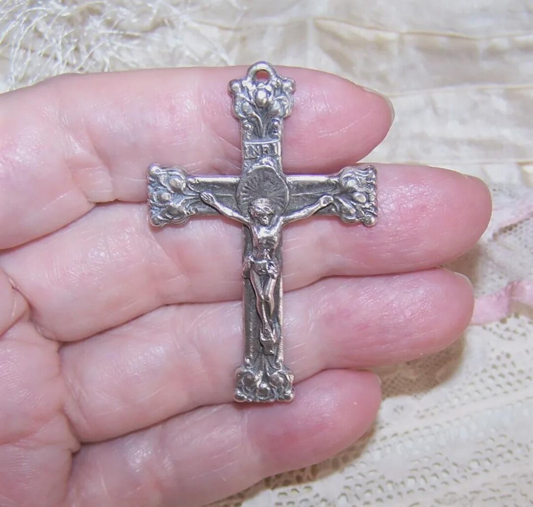 Vintage Sterling Silver Religious Cross Pendant - Rosary Crucifix End ...