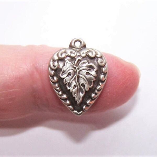 Vintage Mid Century Sterling Silver Puffy Heart Charm - Repousse Oak Leaf | No Engraving to Reverse (6308R/W)