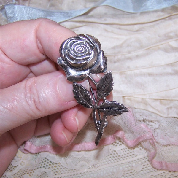 Vintage Sterling Silver Pin Brooch - Single Long Stem Rose | Mothers Day Gift Idea (5564R/S)