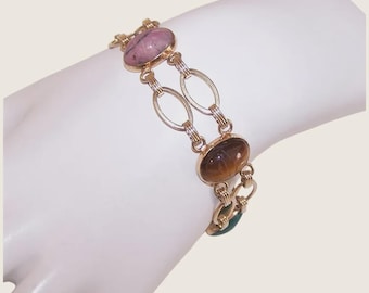 Egyptian Revival Yellow Gold Filled Agate Gemstone Scarab Link Bracelet | Onyx Rhodolite Tigereye Chalcedony (4328R/QV)