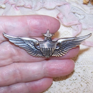 WWII Sterling Silver Air Force Pilot Pin Brooch - Wings with One Star (7891RV/Q)