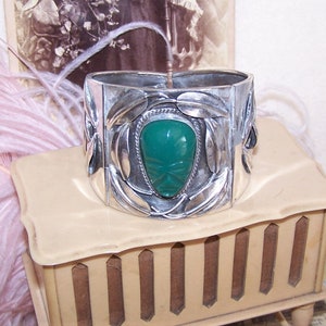 Vintage Made in Mexico Mexican Sterling Silver Green Onyx Cuff Bracelet - Size 7 (5670R/AQV)