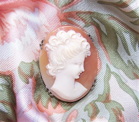 European 800 Silver Carved Shell Cameo Pin Pendant Combo - Lady Profile Right | Victorian Revival (2530R/V)