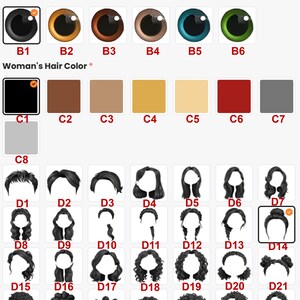 Op de afbeelding: Een grafiek met verschillende huidtinten, oogkleuren en haarkleuren voor een vrouwelijke avatar. De grafiek bevat ook een verscheidenheid aan kapsels.