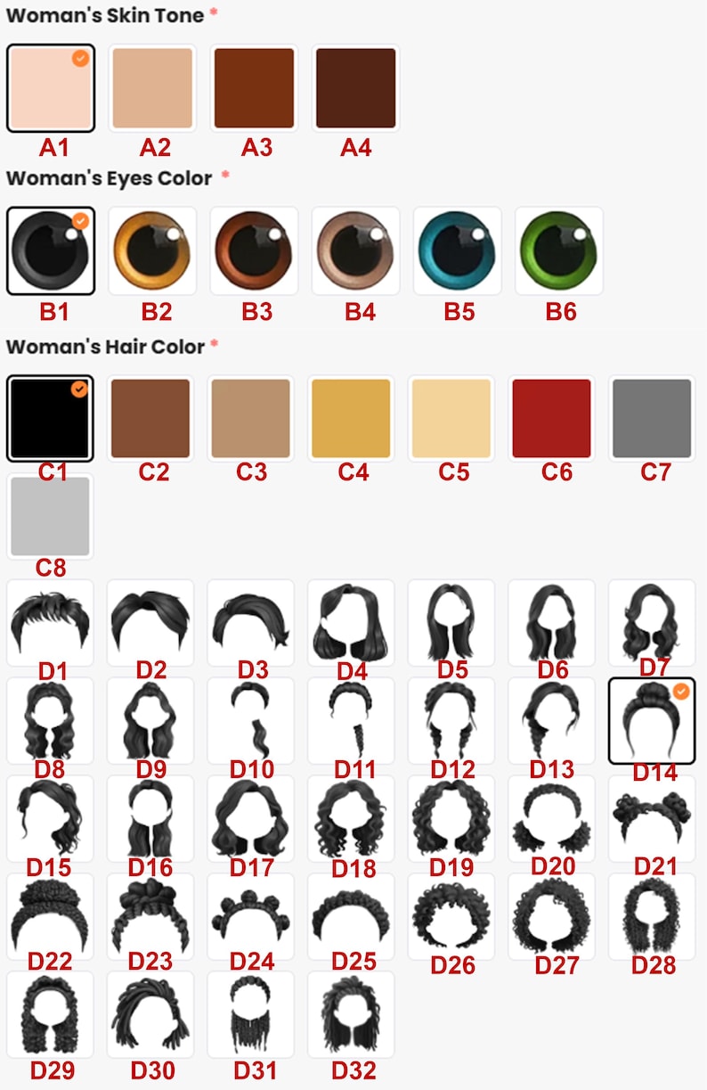 Op de afbeelding: Een grafiek met verschillende huidtinten, oogkleuren en haarkleuren voor een vrouwelijke avatar. De grafiek bevat ook een verscheidenheid aan kapsels.
