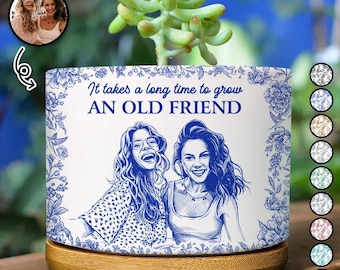 Boceto a lápiz personalizado con foto: Cultivar a un viejo amigo lleva mucho tiempo - Maceta de cerámica personalizada, regalo para amigos y amantes de las plantas.