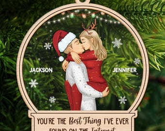 Christmas Kissing Couple Best Thing On The Internet - Personalized Custom Circle Glass Ornament - Gift For Husband Wife Boyfriend Girlfriend