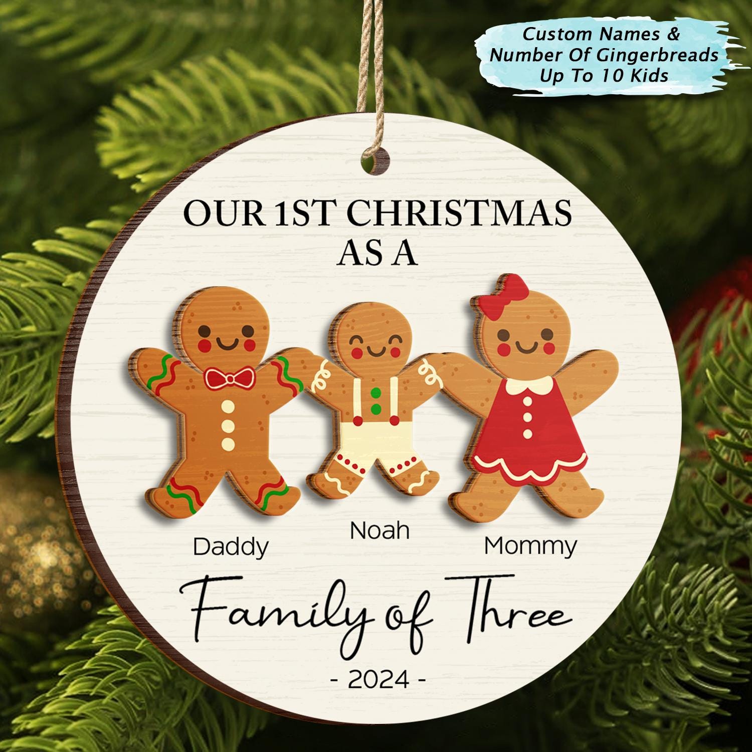 First Christmas As A Family Of Three Gingerbread, Personalized 2-Layered Wooden Ornament, Gingerbread Ornament, First Christmas Ornament