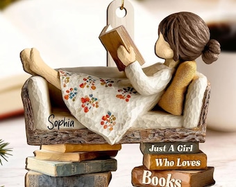 Woman Reading Book On Sofa 3D Effect - Personalized Wooden Ornament - Christmas Gift For Book Lover, Bookworm