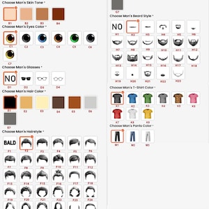 May include: A customisation chart for a product, featuring options for age, skin tone, eye colour, glasses, hair, beard, t-shirt, and trousers. Includes colour swatches and style choices for a personalised design.