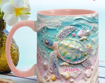 Love Turtles Personalized Turtle Accent Mug, Cute Cartoon Turtle Mug, Custom Name Ceramic Animal Cup, Gift for Turtle Lovers, Turtle Gifts