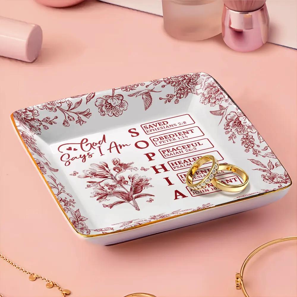 Macorner Personalized Gifts God Says I Am Toile De Jouy Flower -  Personalized Ring Dish