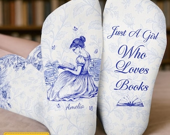 Toile Reading Woman Just A Girl Who Loves Books Personalized Socks, Custom Bookish Gifts For Book Lover, Bookworm, Reader, Bookworm On Break