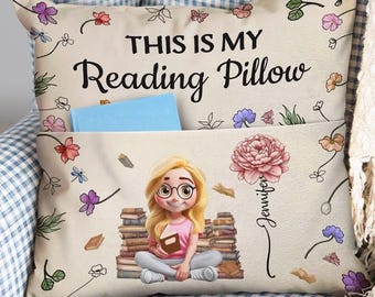 My Reading Pillow Reading Girl With Birth Month Flower - Personalized Pocket Pillow, Book Lover Gift, Christmas, Thanksgiving, Birthday Gift