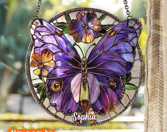 Ornamento acchiappasole personalizzato a forma di farfalla viola, acchiappasole decorativo, ornamento a forma di farfalla commemorativa, decorazioni per la casa