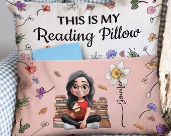 My Reading Pillow Reading Girl With Birth Month Flower - Personalized Pocket Pillow, Book Lover Gift, Christmas, Thanksgiving, Birthday Gift