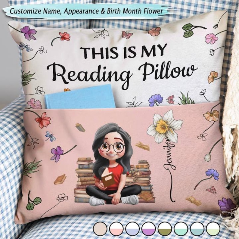My Reading Pillow Reading Girl With Birth Month Flower - Personalized Pocket Pillow, Book Lover Gift, Christmas, Thanksgiving, Birthday Gift This Is My Reading