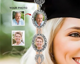 Ciondolo personalizzato con nappa e foto a forma di ali d'angelo per la laurea, regalo commemorativo di laurea per lei, nappa commemorativa di laurea 2026 per il cappello di laurea.