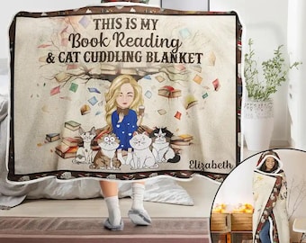 Boekenlezen en kattenknuffeldeken - gepersonaliseerde draagbare deken met capuchon, cadeau voor boekenliefhebber, huisdierdeken