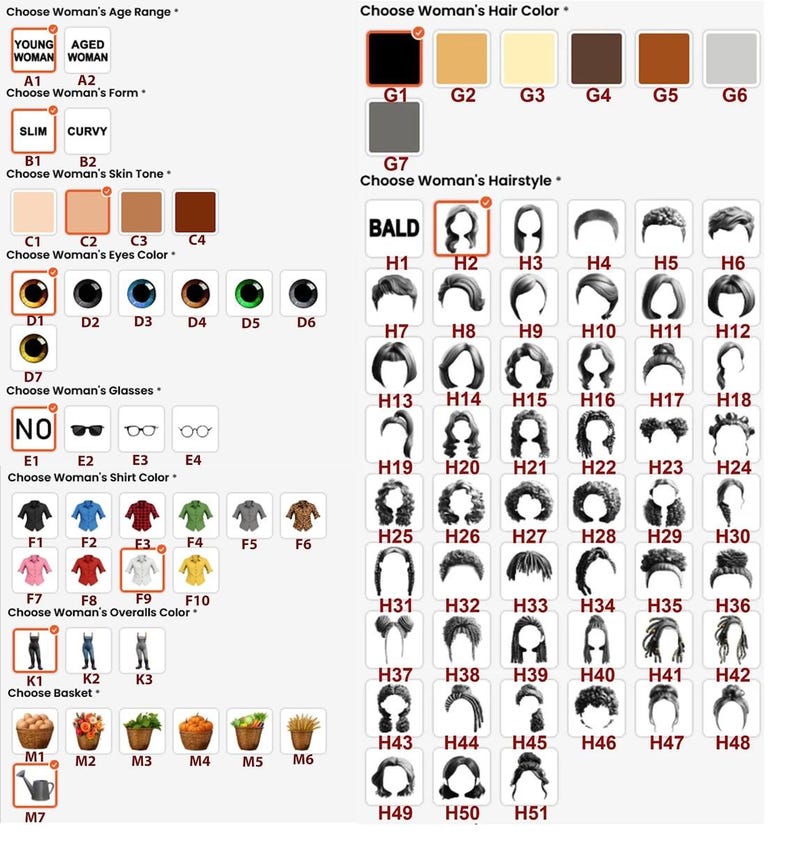 Puede incluir: Un gr&aacute;fico con opciones para personalizar la apariencia de una mujer, incluyendo edad, forma, tono de piel, color de ojos, color de cabello, peinado, gafas, color de camisa, color de overoles y cesta. Las opciones se muestran con iconos y etiquetas de texto.