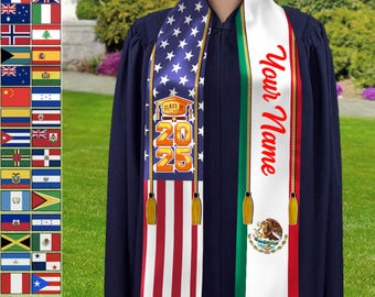 Country Flag Class of 2025 Stoles Sash, Graduation Gift, Senior Gift, Custom Mixed Two Flag Graduation Stole, Personalized Gifts for Student