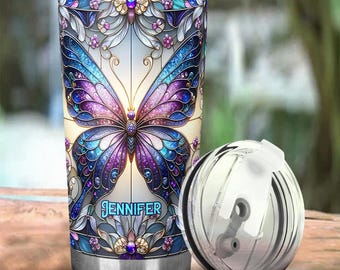 Vlinderbeker gepersonaliseerd, cadeaus vlinder, beker vlinderbeker met rietje, vlindercadeaus voor vrouwen, cadeaus vlinderliefhebber
