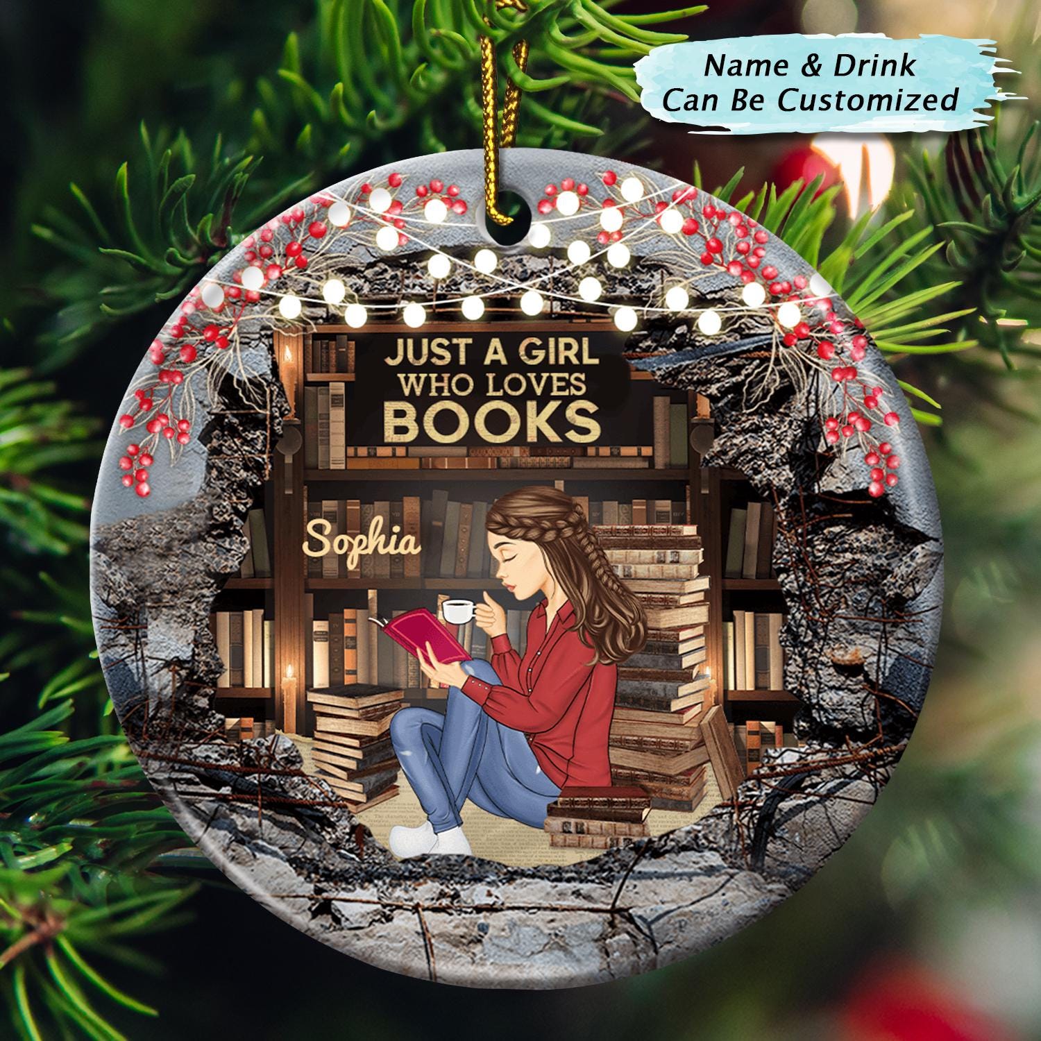 Apenas uma garota que ama livros, leitura, ornamento de cerâmica circular personalizado, presente para amante de livros, presente para ela, presente para leitor ávido, ornamento personalizado
