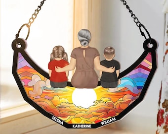 Oma en kleinkinderen op de maan gepersonaliseerd raam hangend ornament ornament, Moederdagcadeau, oma suncatcher, moeder verjaardagscadeaus
