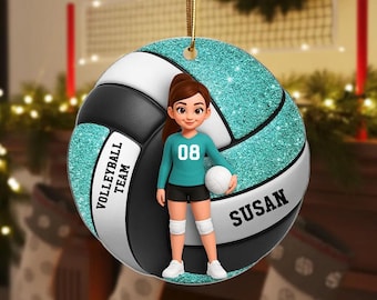 Adorno acrílico personalizado con efecto 3D de niño y niña jugando voleibol. Ideal como regalo para jugadoras de voleibol, aficionados y equipos de voleibol, hijas y amigos.