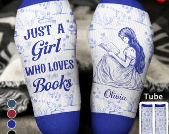 Toile Reading Woman Just A Girl Who Loves Books Personalized Socks, Custom Bookish Gifts For Book Lover, Bookworm, Reader, Bookworm On Break