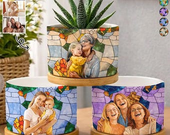 Custom Photo Stained Glass Portrait Mom Grandma Parents Family - Personalized Ceramic Plant Pot, Plant Lovers, Mother's Day Gift