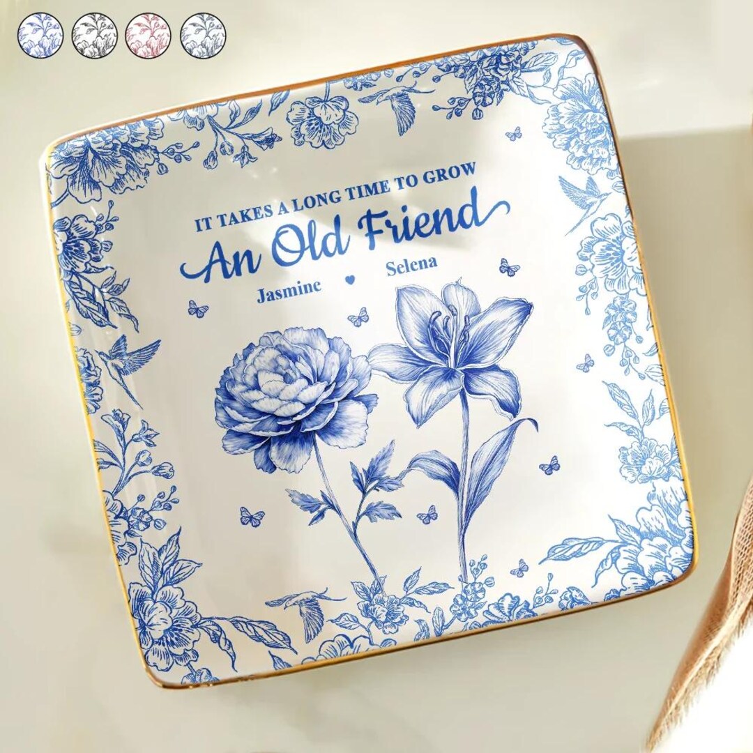 Grow An Old Friend Toile Birth Flower - Personalized Round Ring Dish - Thoughtful Gifts & Greeting Cards For Every Occasion